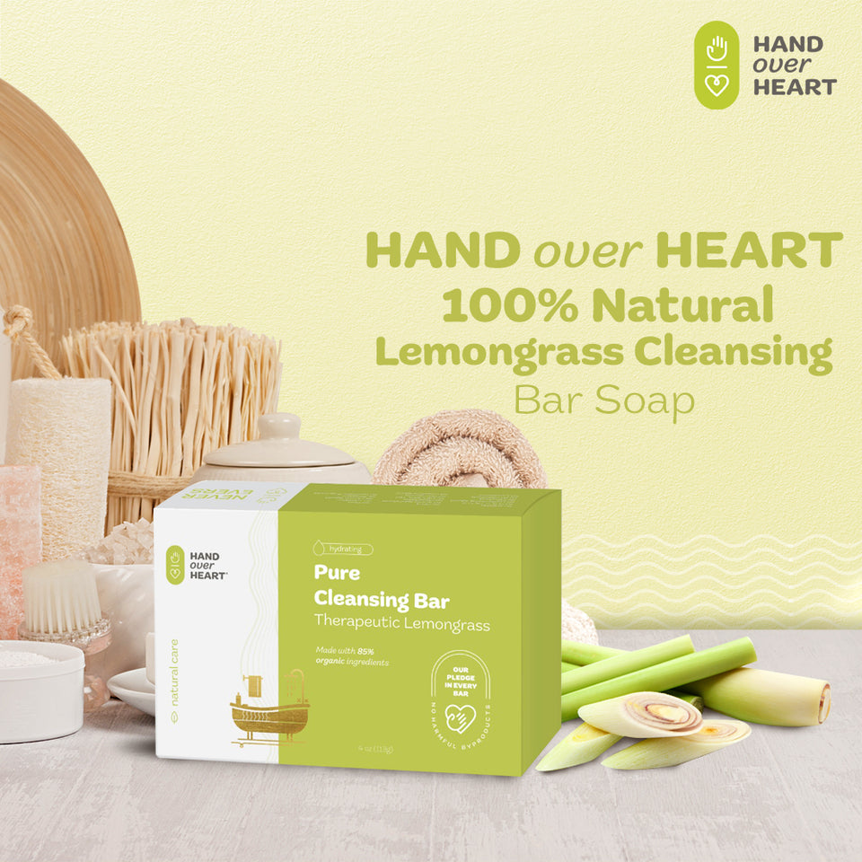 Hand over Heart 100% Natural Lemongrass Cleansing Bar Soap - Aromatherapy Herbal Soap - Contains Organic Essential Oils Cleanses and Nourishes Skin Soothes and Refreshes for a Relaxing Feeling - MIND OF NATURE