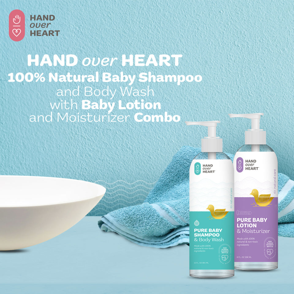 Hand over Heart 100% Natural Baby Shampoo and Body Wash with Baby Lotion and Moisturizer Combo - Baby Care Set - Special Blend Formulated for Babies Hypoallergenic Nourishes and Protects Baby's Skin - MIND OF NATURE